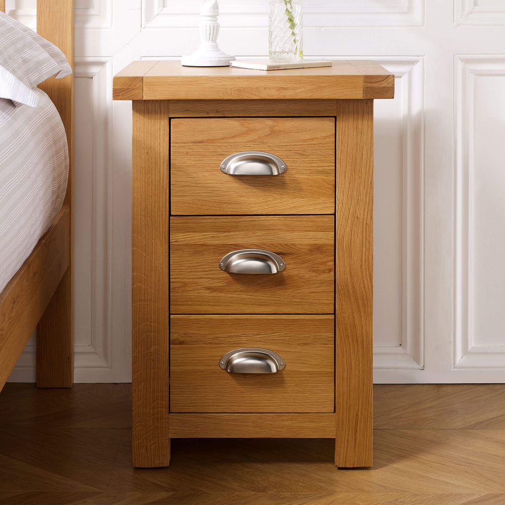 Woburn Oak 3 Drawer Bedside Front